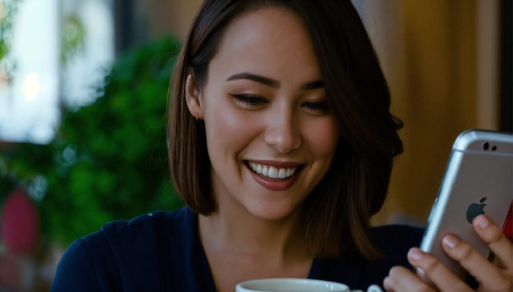 A surprised woman with short brown hair drinking c