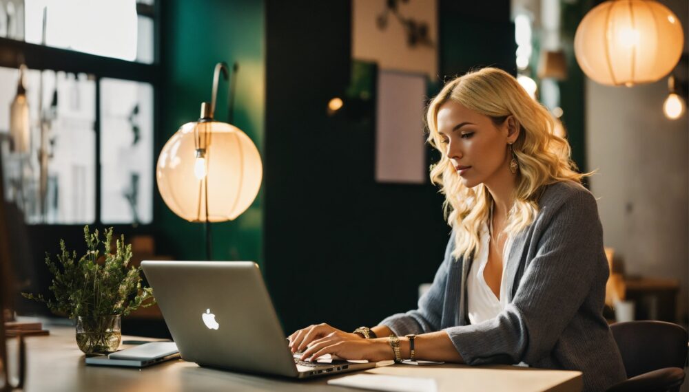 a blonde woman sitting at her desk in a trendy off