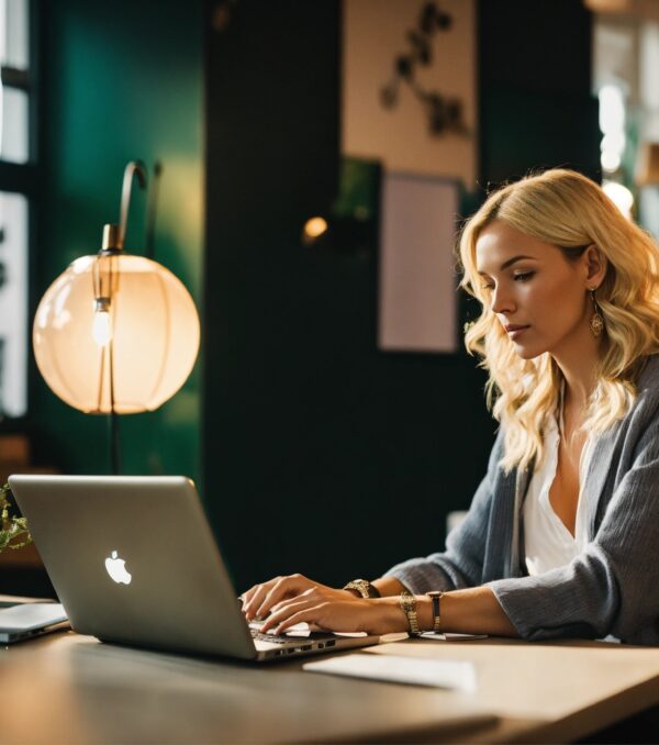 a blonde woman sitting at her desk in a trendy off