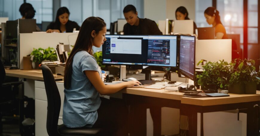 Employees working on custom software development for nonprofits in a modern office setting